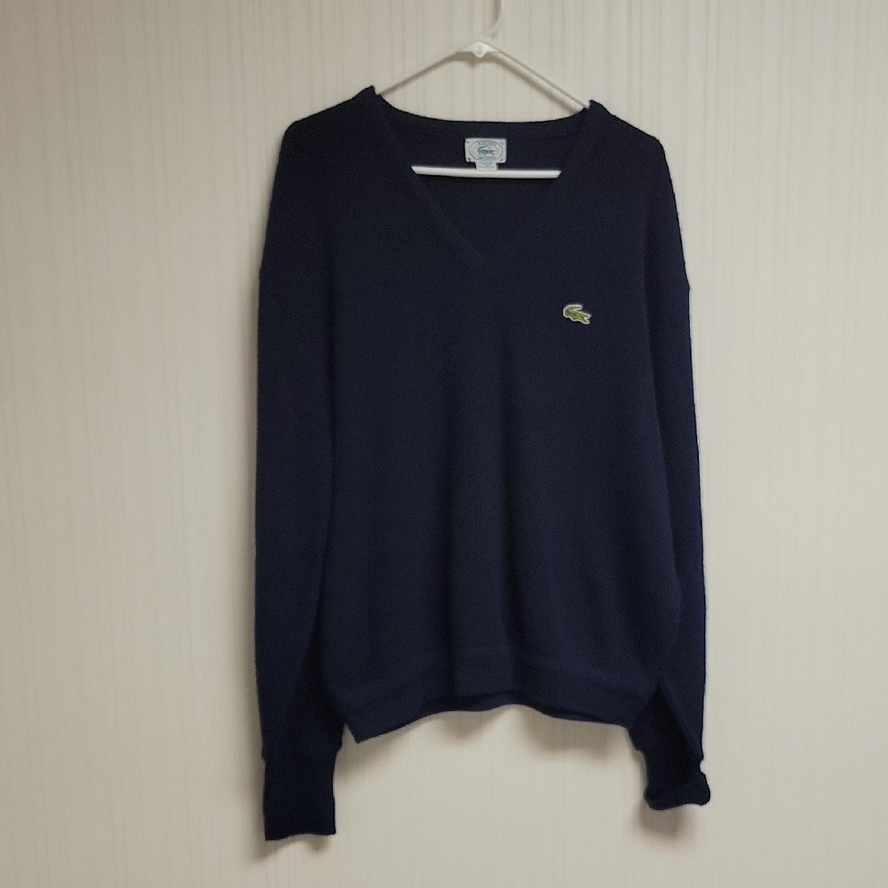 Lacoste Men's Dark Blue V-Neck Sweater XL Grandpa Vintage preppy